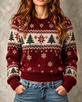 Burgundy Christmas Tree Snowflake Crew Neck Sweater