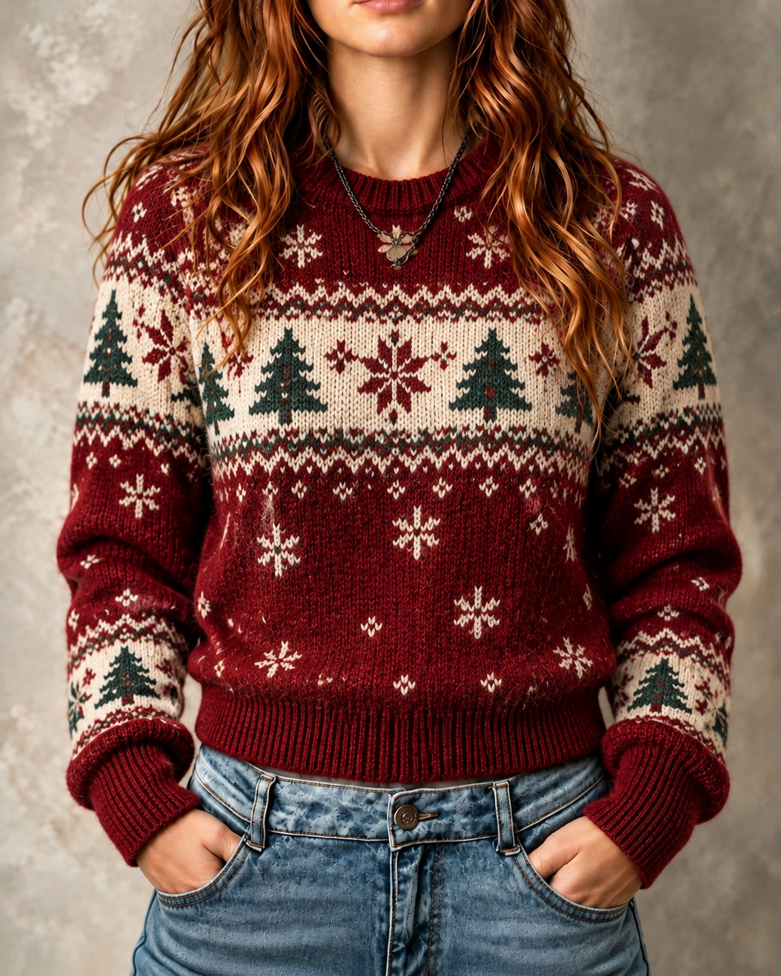 Burgundy Christmas Tree Snowflake Crew Neck Sweater