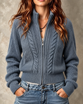 Blue Cable Knit Zip Front Cardigan
