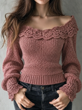 Mauve Crochet Off Shoulder Long Sleeve Sweater
