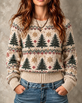 Cream Christmas Tree Snowflake Crew Neck Sweater
