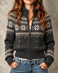 Charcoal Fair Isle Zip Front Cardigan
