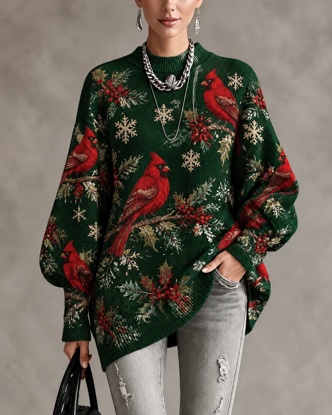 Green Christmas Cardinal Snowflake Crew Neck Sweater