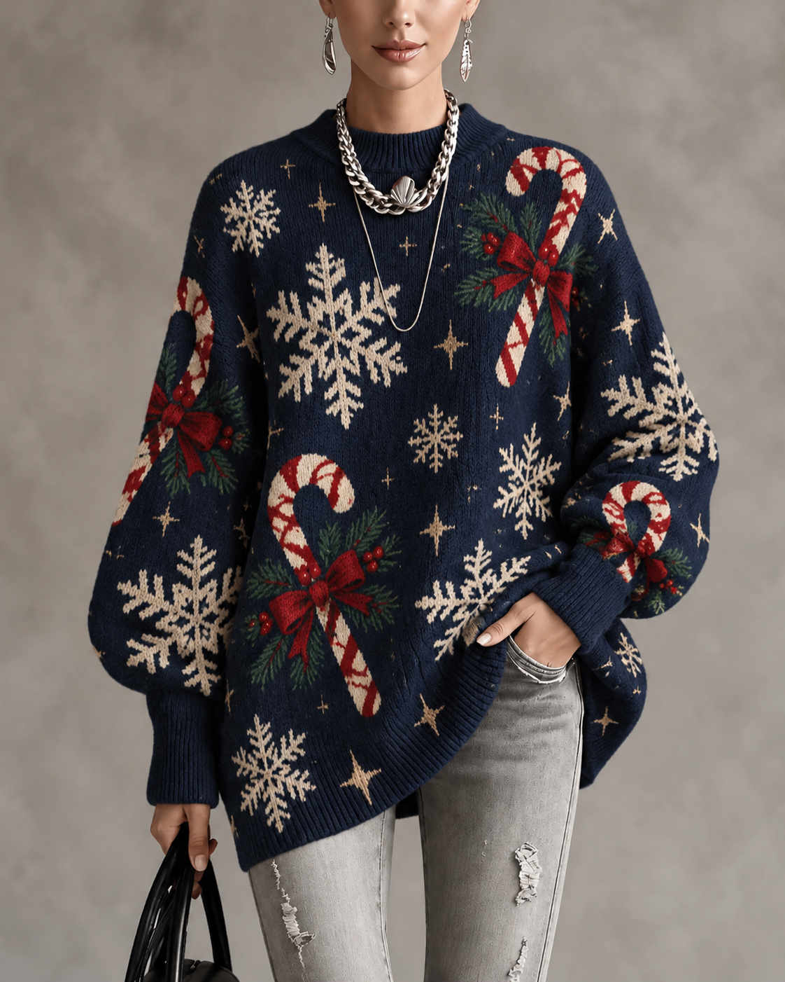 Navy Candy Cane Snowflake Crew Neck Sweater