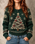 DarkGreen Christmas Tree Snowflake Crew Neck Sweater