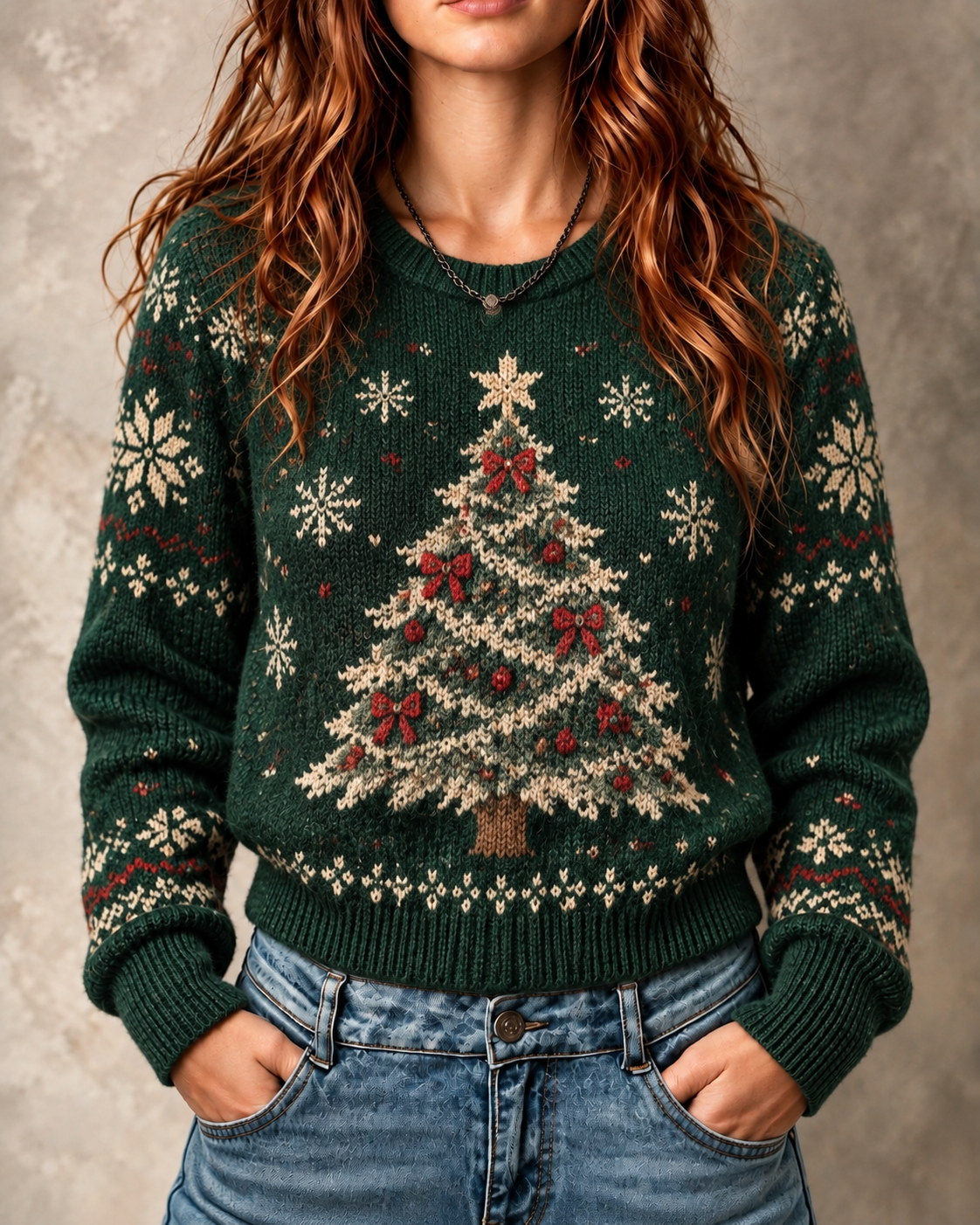DarkGreen Christmas Tree Snowflake Crew Neck Sweater