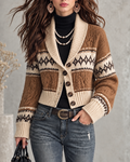 Brown Beige Fair Isle Button Front Cardigan