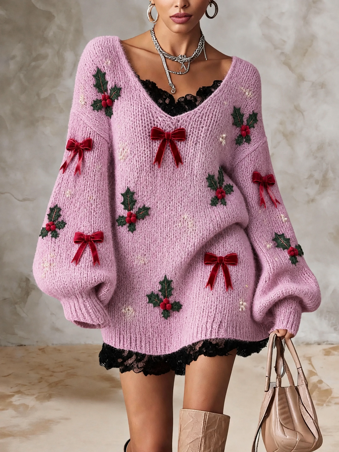 Pink Holly Bow V Neck Sweater