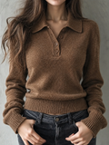 Camel Ribbed Collar Long Sleeve Knit Top