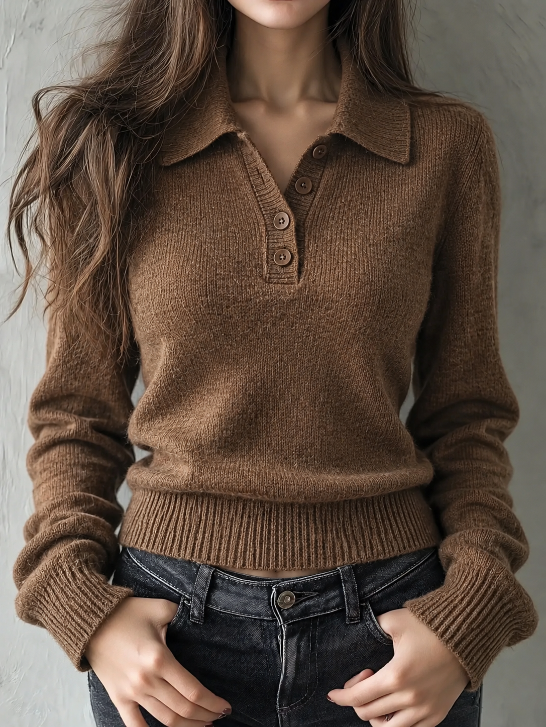Camel Ribbed Collar Long Sleeve Knit Top