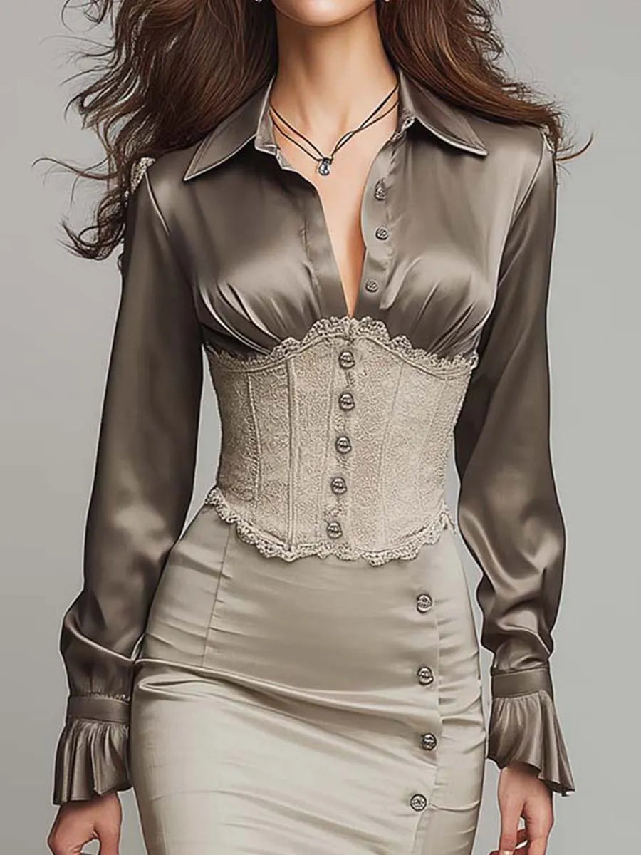 Elegant Champagne Taupe Corset-Waist Satin Midi Dress