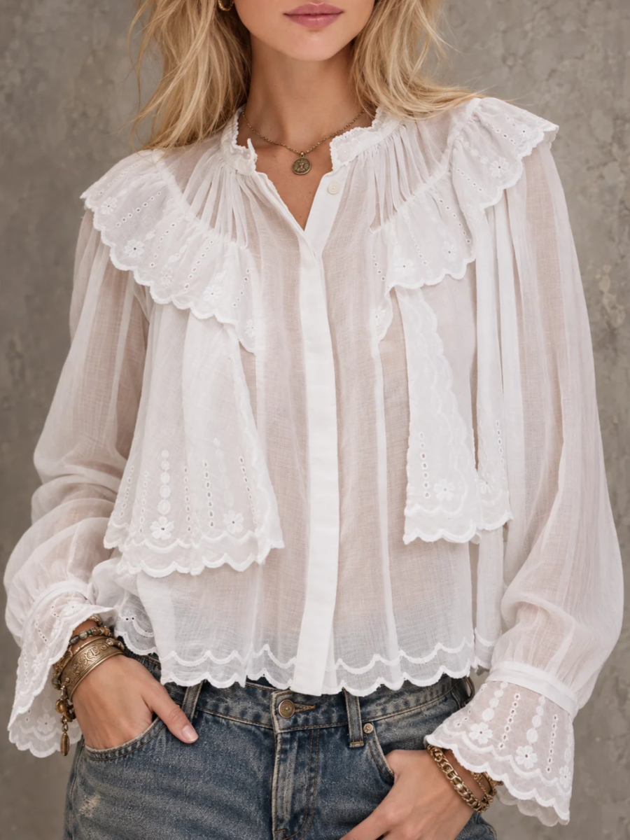 White Sheer Eyelet Broderie Ruffle Collar Button Front Blouse