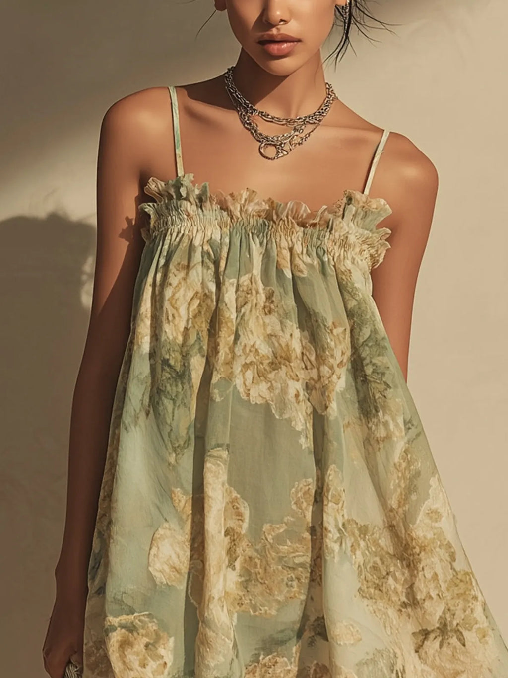 Green Floral Chiffon Mini Dress