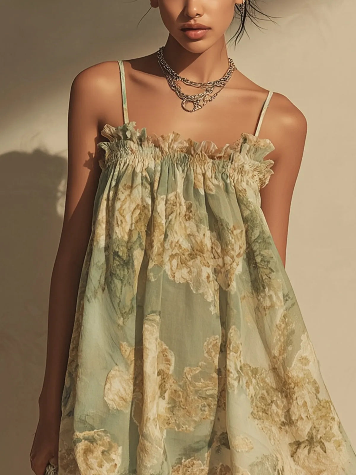 Green Floral Chiffon Mini Dress