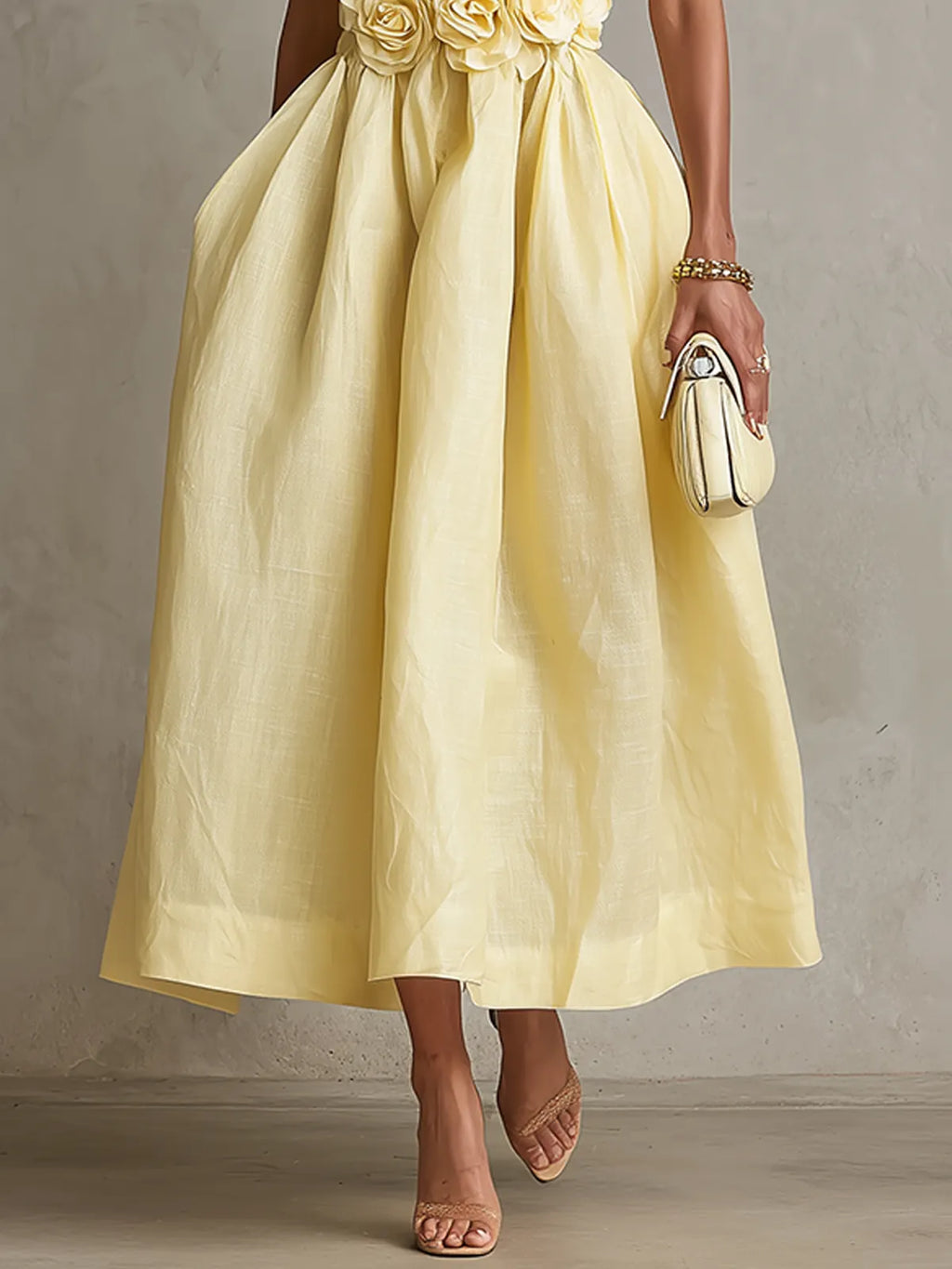 Yellow Strapless Floral Applique Midi Dress