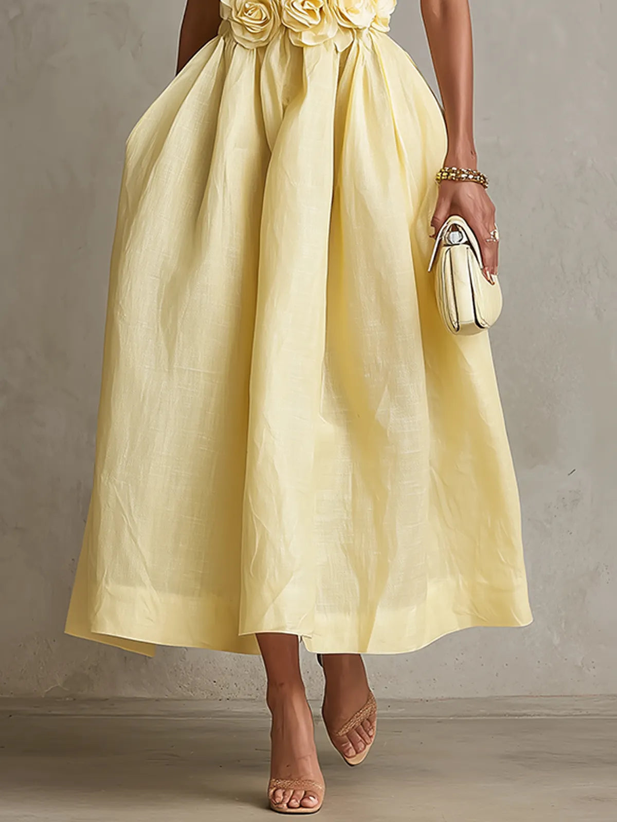 Yellow Strapless Floral Applique Midi Dress