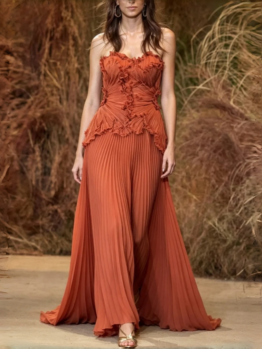 Strapless Pleated Ruffle Detail Maxi Dress
