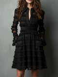 Quiet Luxury Black Fringe Textured Sheer Layered Dress