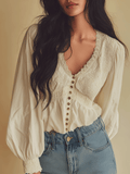 Romantic Ivory Lace Trim Button Front Blouse