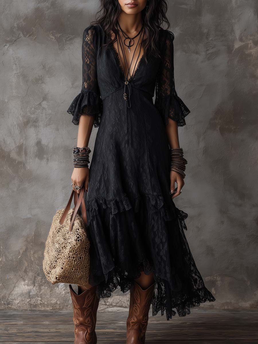 Retro V-neck Ruffle Cuffs Lace Midi Dress