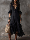 Retro V-neck Ruffle Cuffs Lace Midi Dress