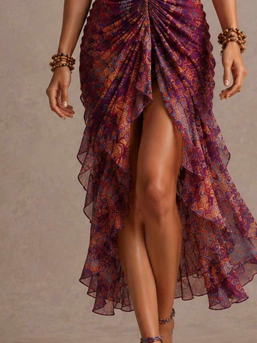 Bohemian Halter Ruched Chiffon High-Low Midii Dress