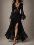 Black Lace Bell Sleeve Deep V Boho Maxi Dress