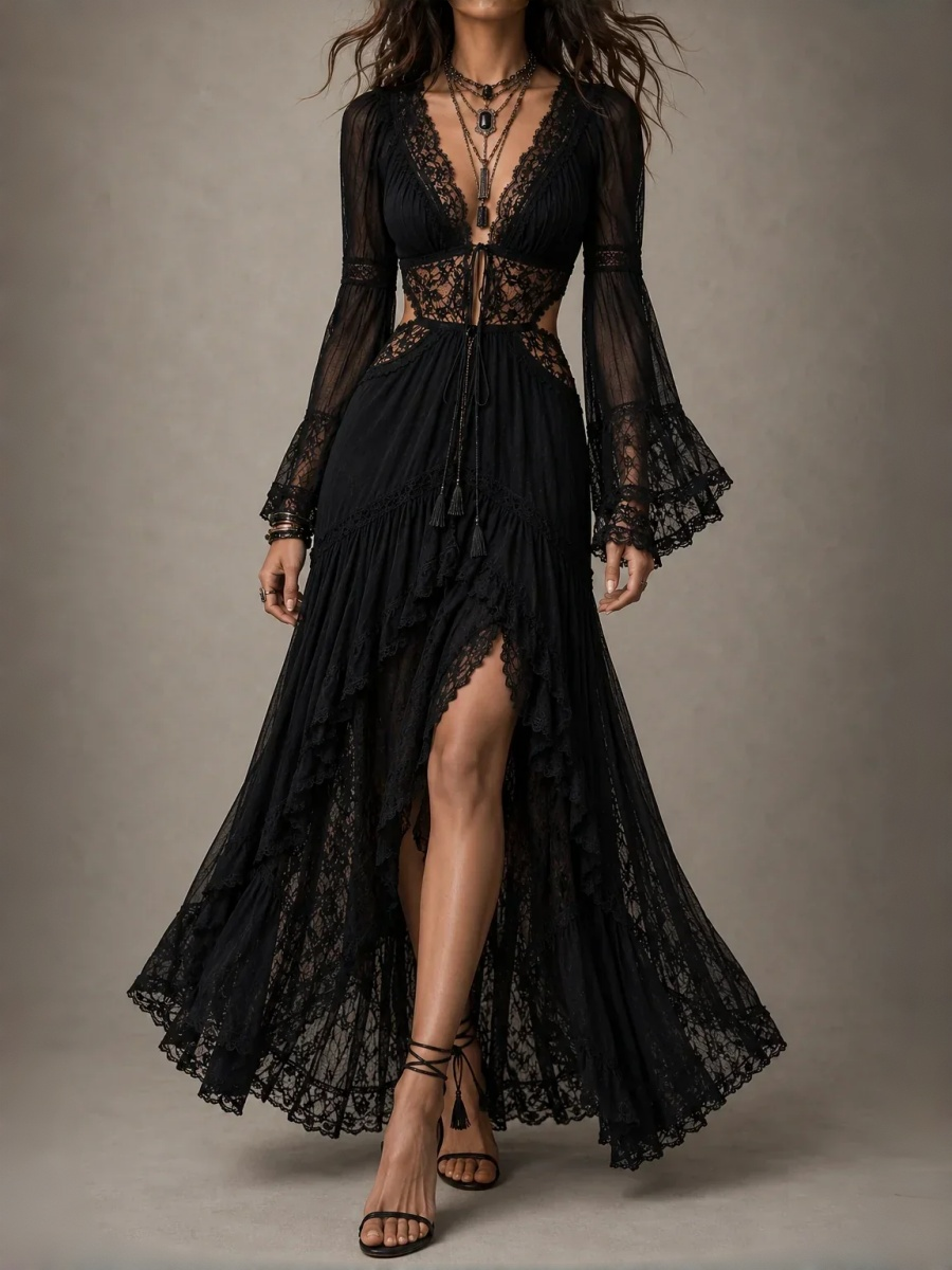 Black Lace Bell Sleeve Deep V Boho Maxi Dress