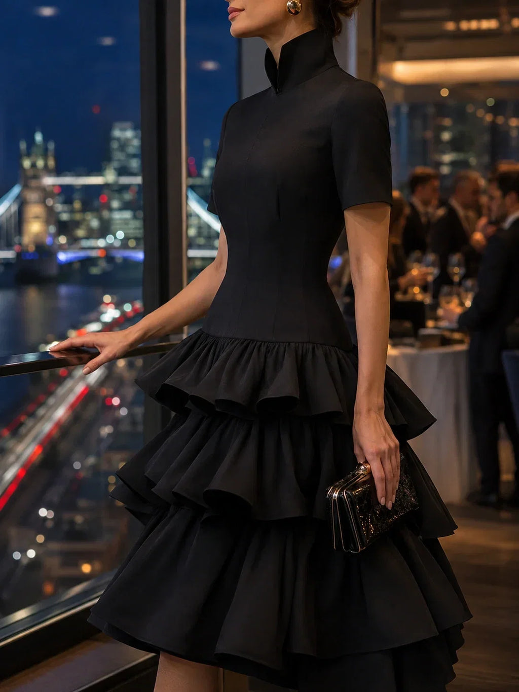 High Neck Tiered Ruffle Midi Dress