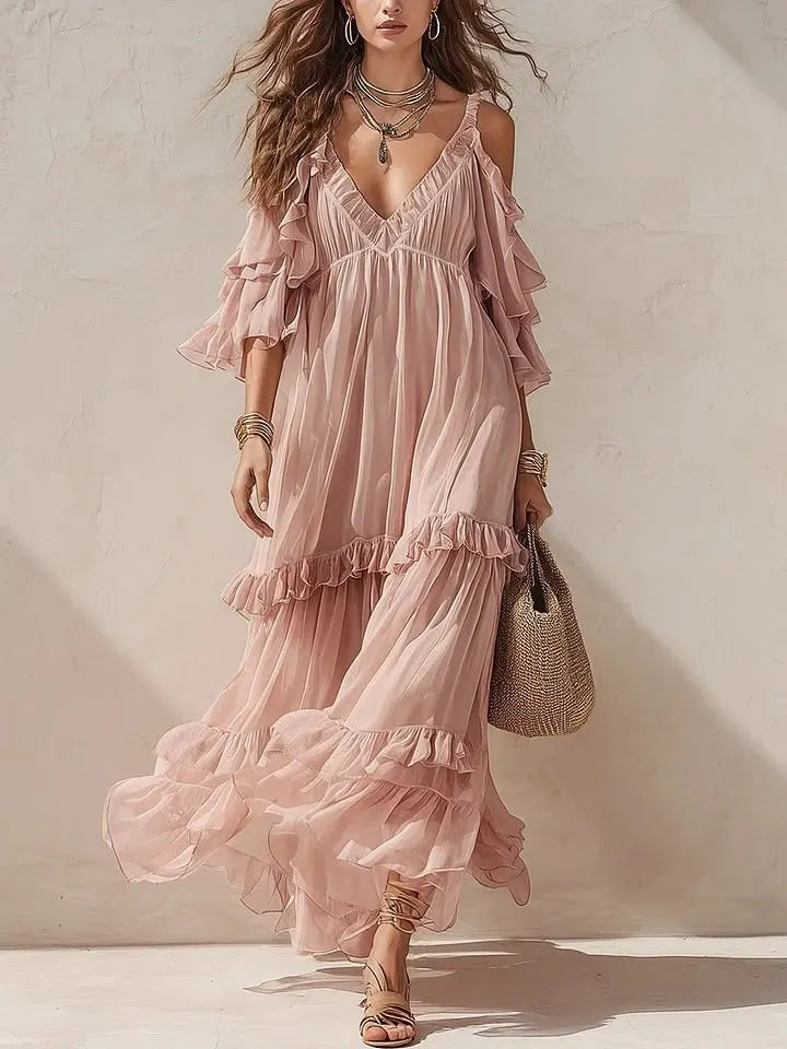 Cold Shoulder Ruffle Tiered Maxi Dress