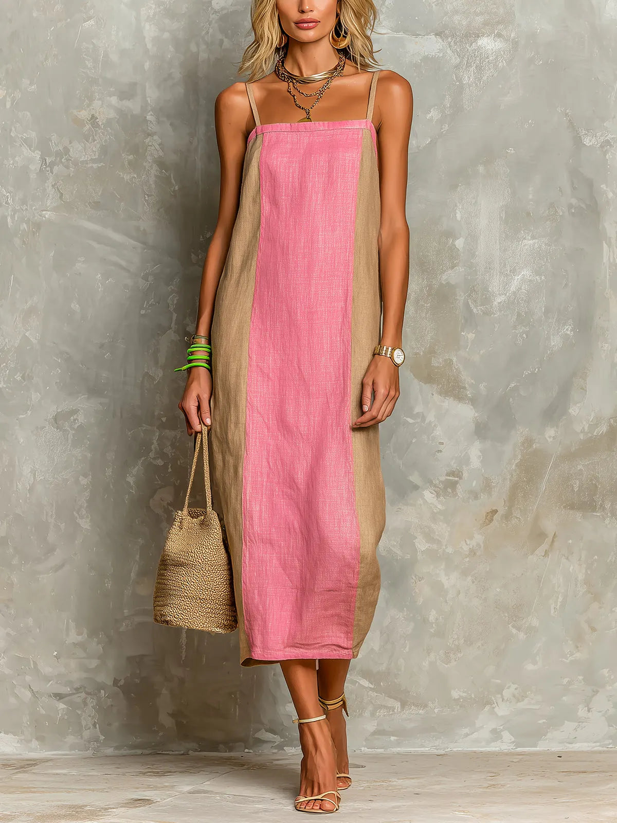 Chic Casual Camel-Pink Colorblock Cotton-Linen Spaghetti-Strap Square-Neck Sleeveless Loose-Fit Midi Dress
