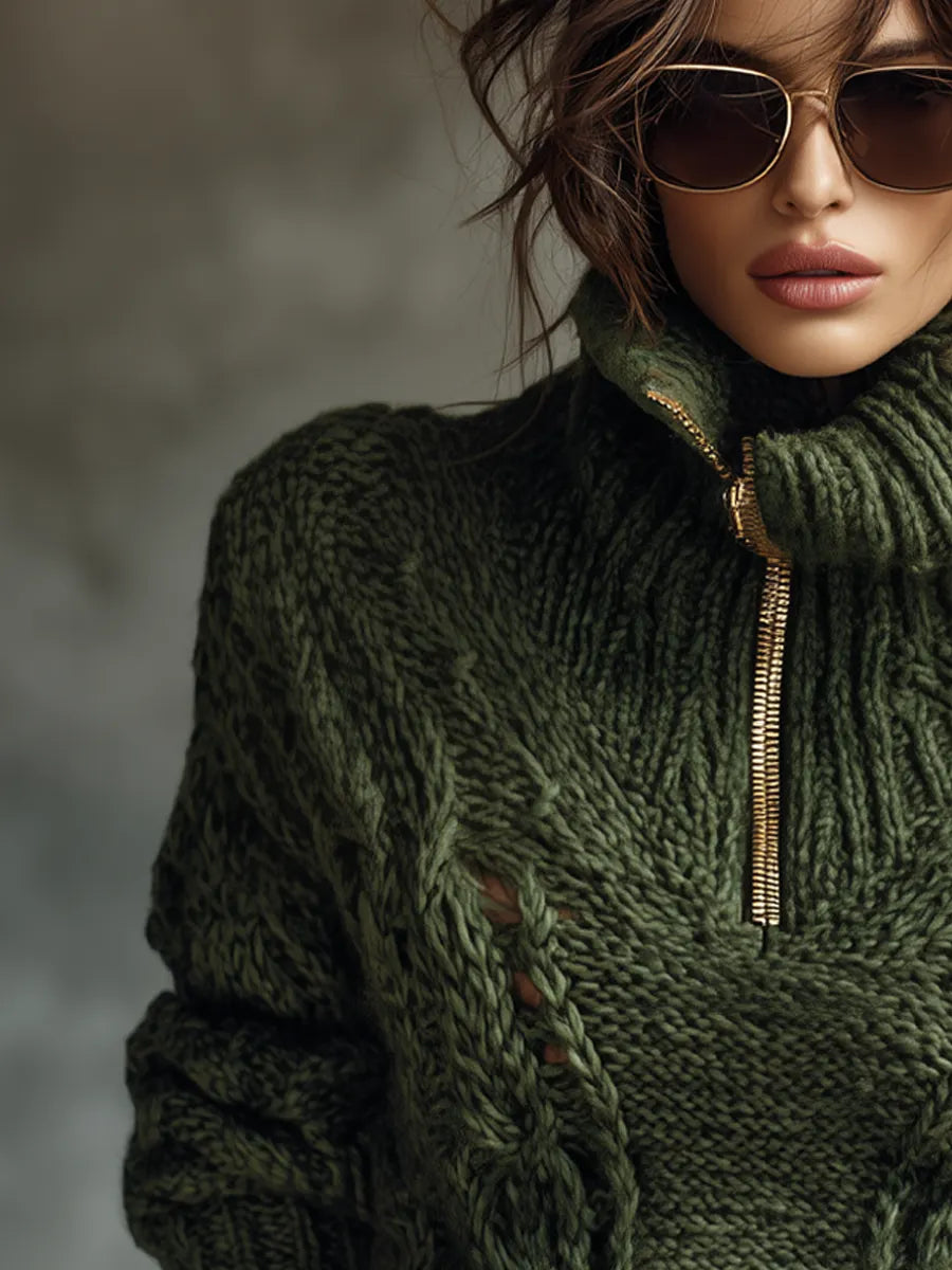 Metal Zip-up Collar Cable-knit Sweater