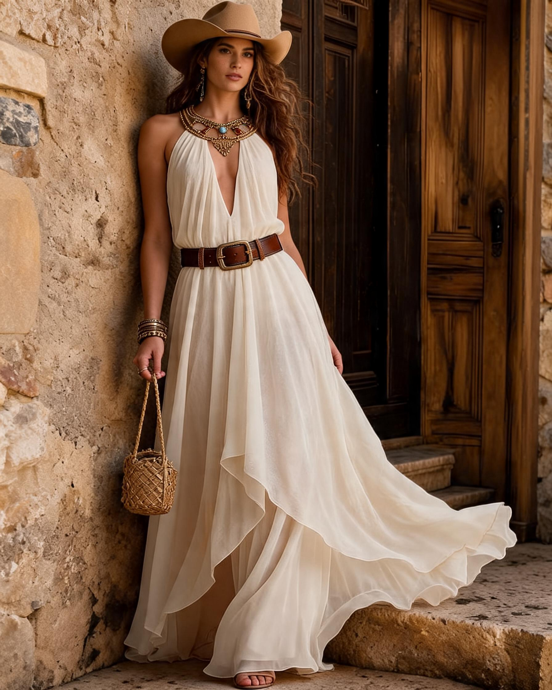 Halter Plunge Metallic Embellished Maxi Dress