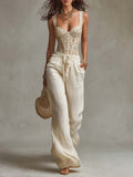 Bohemian Lace bodycon vest & Cotton Wide-Leg Pants Two-Piece Set