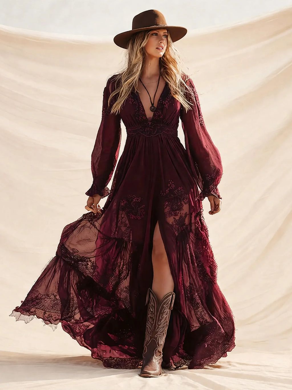 Ideal For Western Wedding Or Road Trip — Burgundy Embroidered Lace V-Neck Chiffon Boho Long Sleeve Maxi Dress