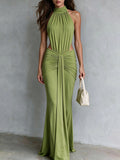 Halter Cutout Ruched Waist Mermaid Maxi Evening Dress