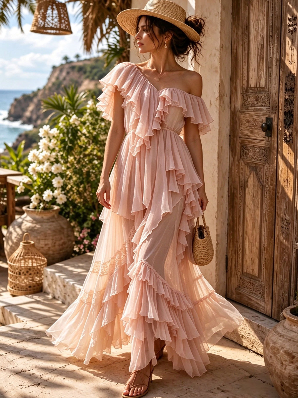 Sleeveless V-Neck Cascading Tiered Ruffle Maxi Dress