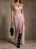 Blush Pink Lace Corset High-Slit Evening Gown