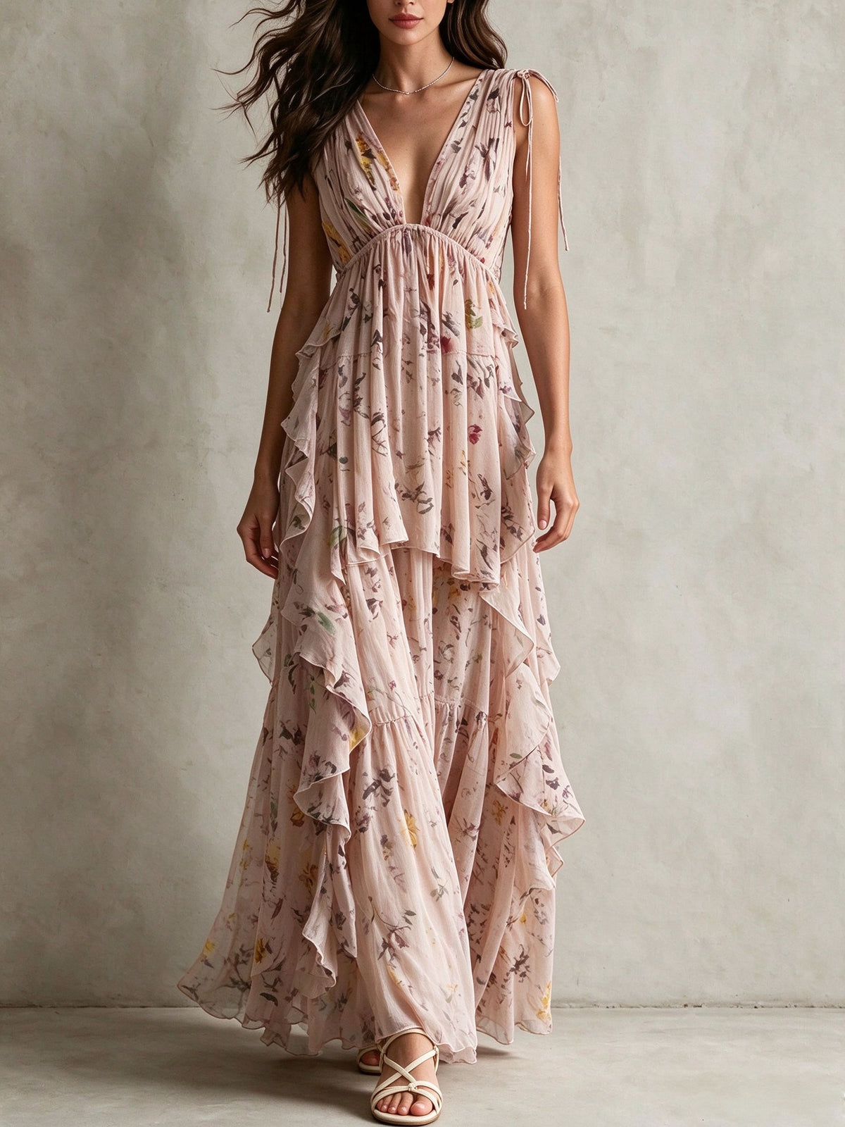Peach Floral Deep V-Neck Tiered Ruffle Maxi Dress