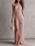 Sheer Beaded Fringe Detail Halter Maxi Dress