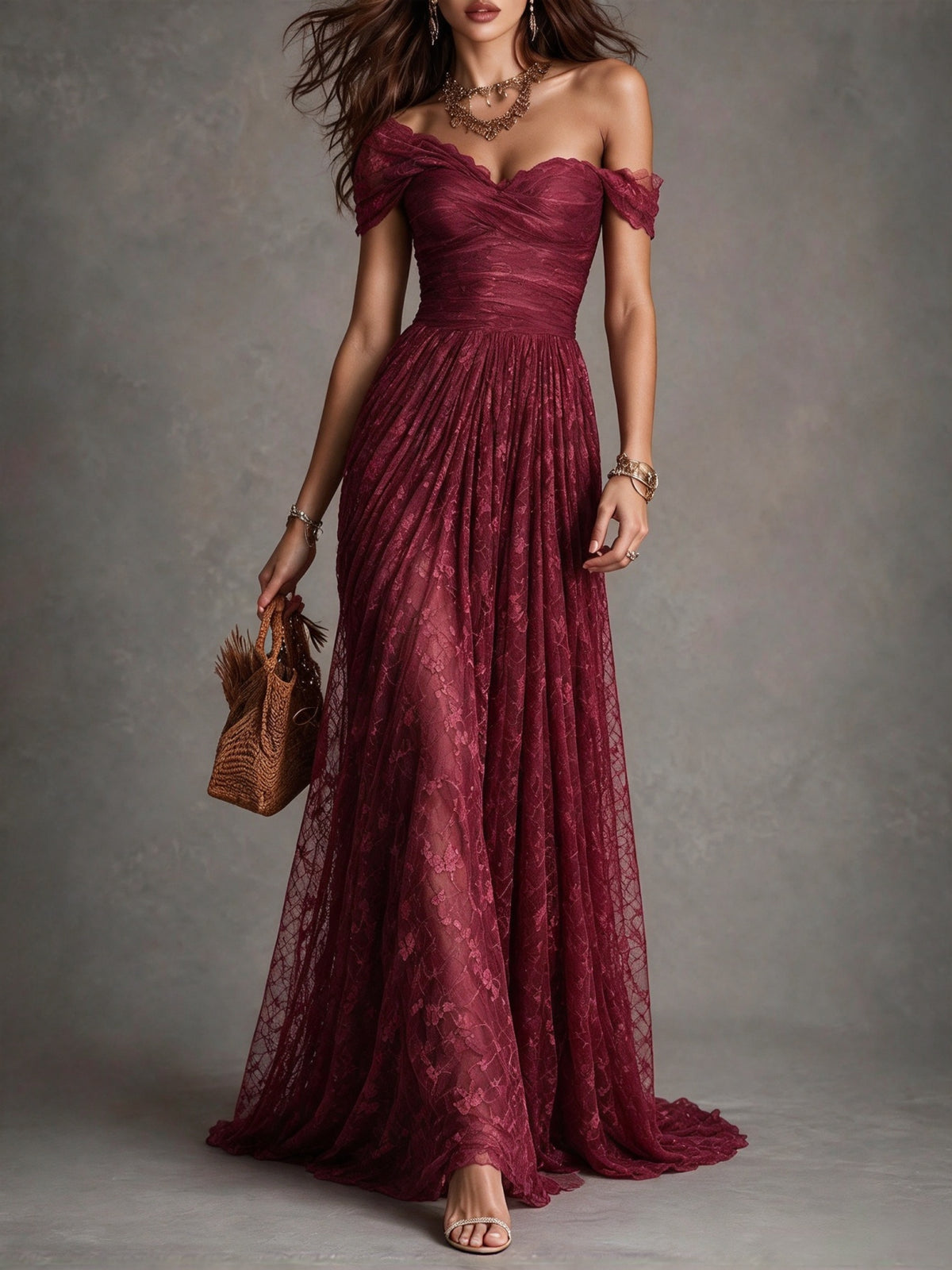 Burgundy Off-Shoulder Sweetheart Ruched Lace Tulle Floor-Length Gown