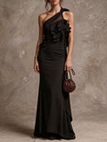 Black One-Shoulder Ruffle Maxi Dress