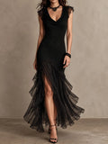 Retro Elegant Black Glittery Knit Cowl Neck Evening Dress With Chiffon Skirt