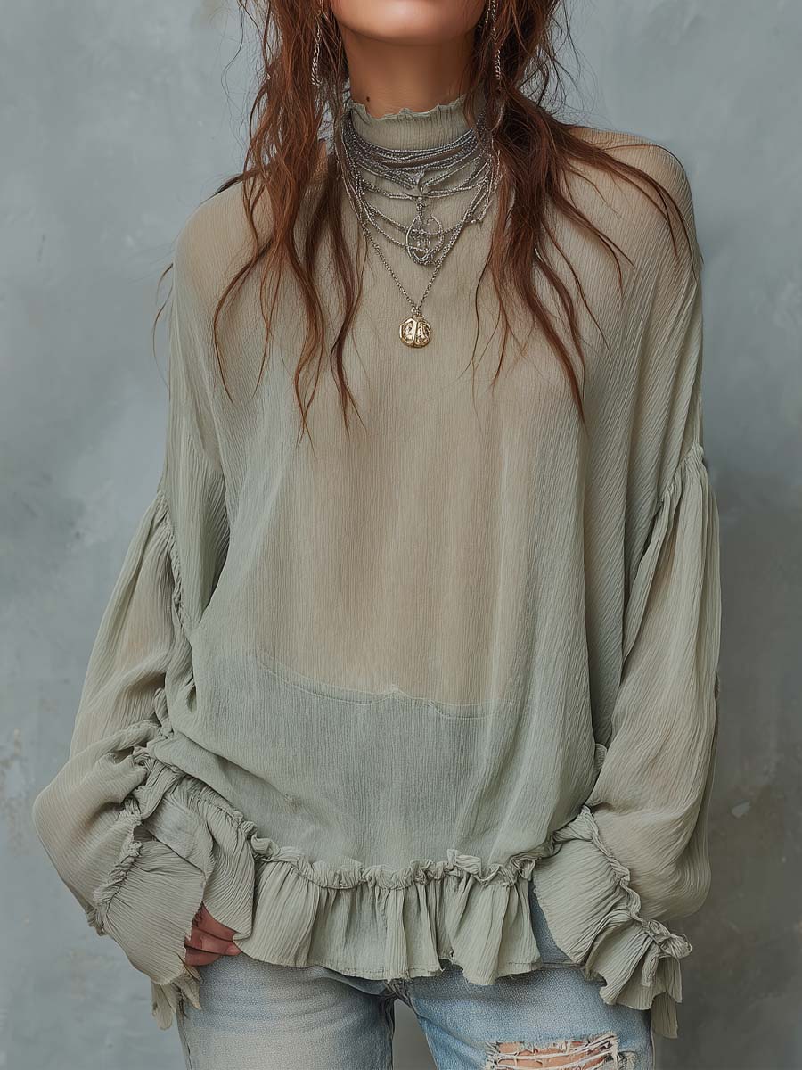 Vintage Ruffled Hem Sheer Blouse