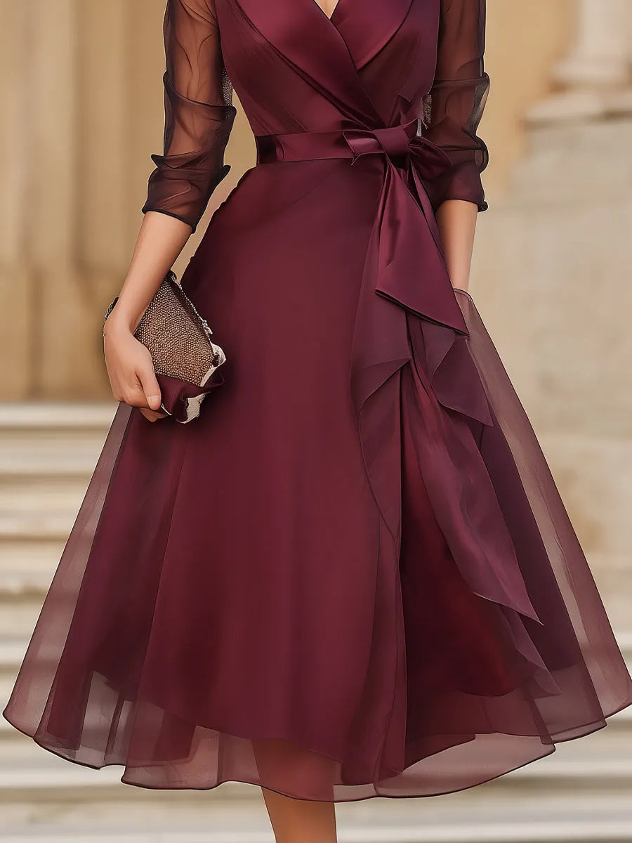 Elegant Wrap Midi Dress With Sheer Sleeves