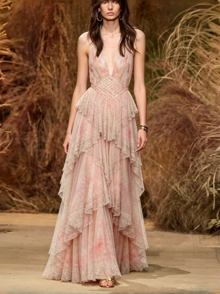 Watercolor Print Lace Trim Tiered Ruffle Maxi Dress