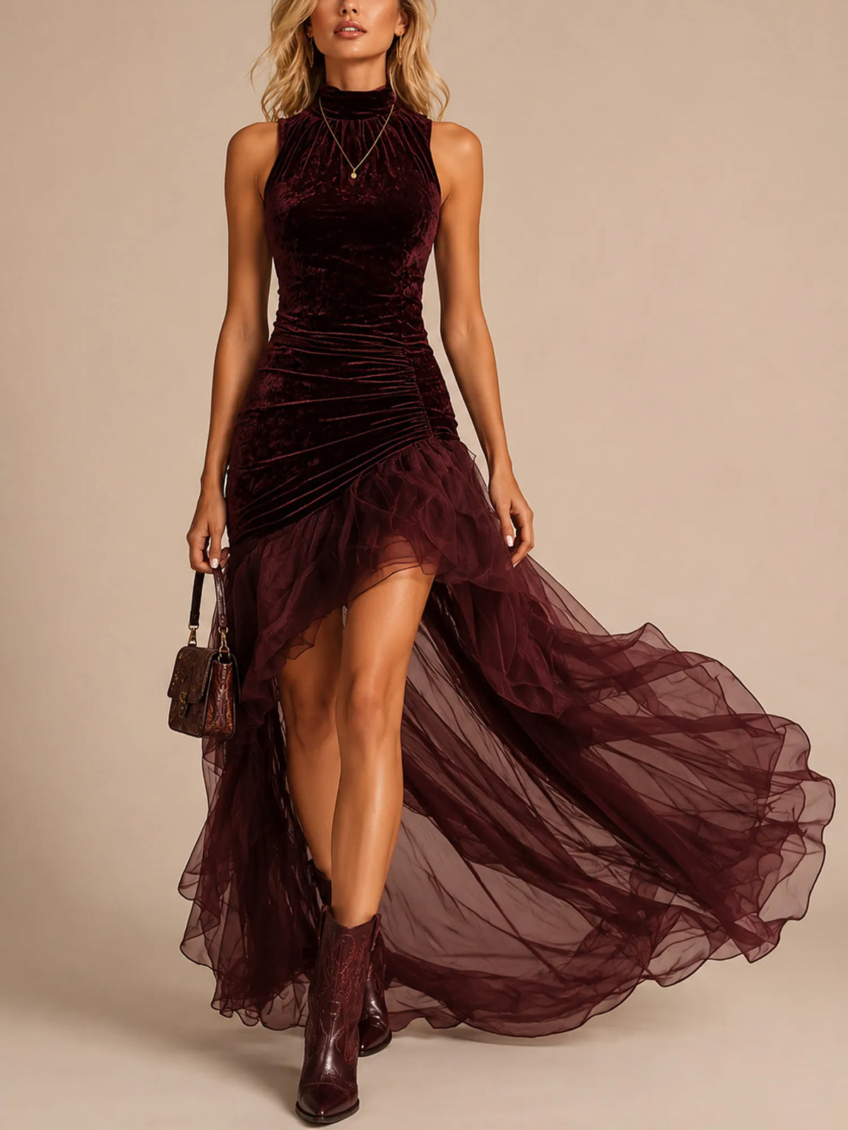 Reddish Brown Velvet Halter High-Low Tulle Maxi Dress