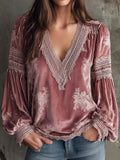 Romantic V-Neck Rose Velvet Blouse With Lace Trim