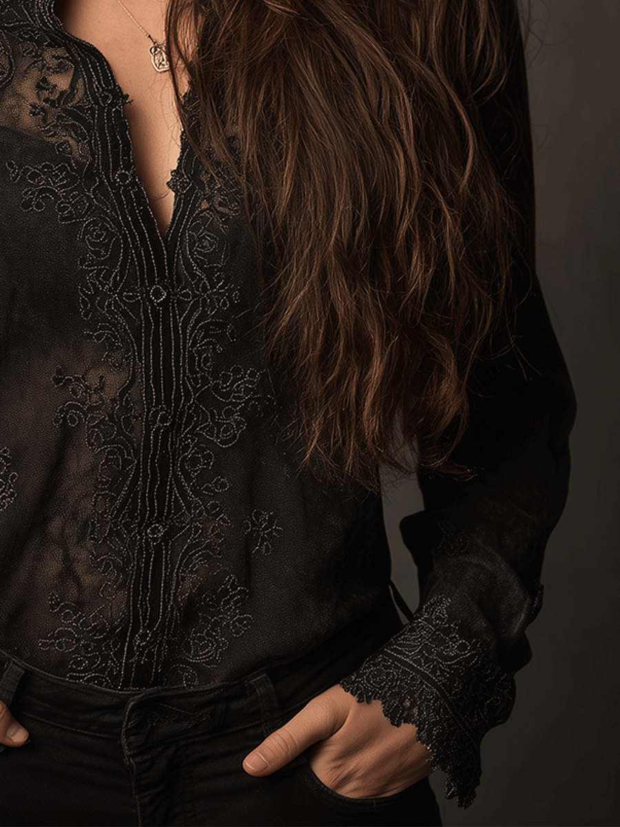Gothic Black See-Through Embroidered Lace Chiffon Shirt