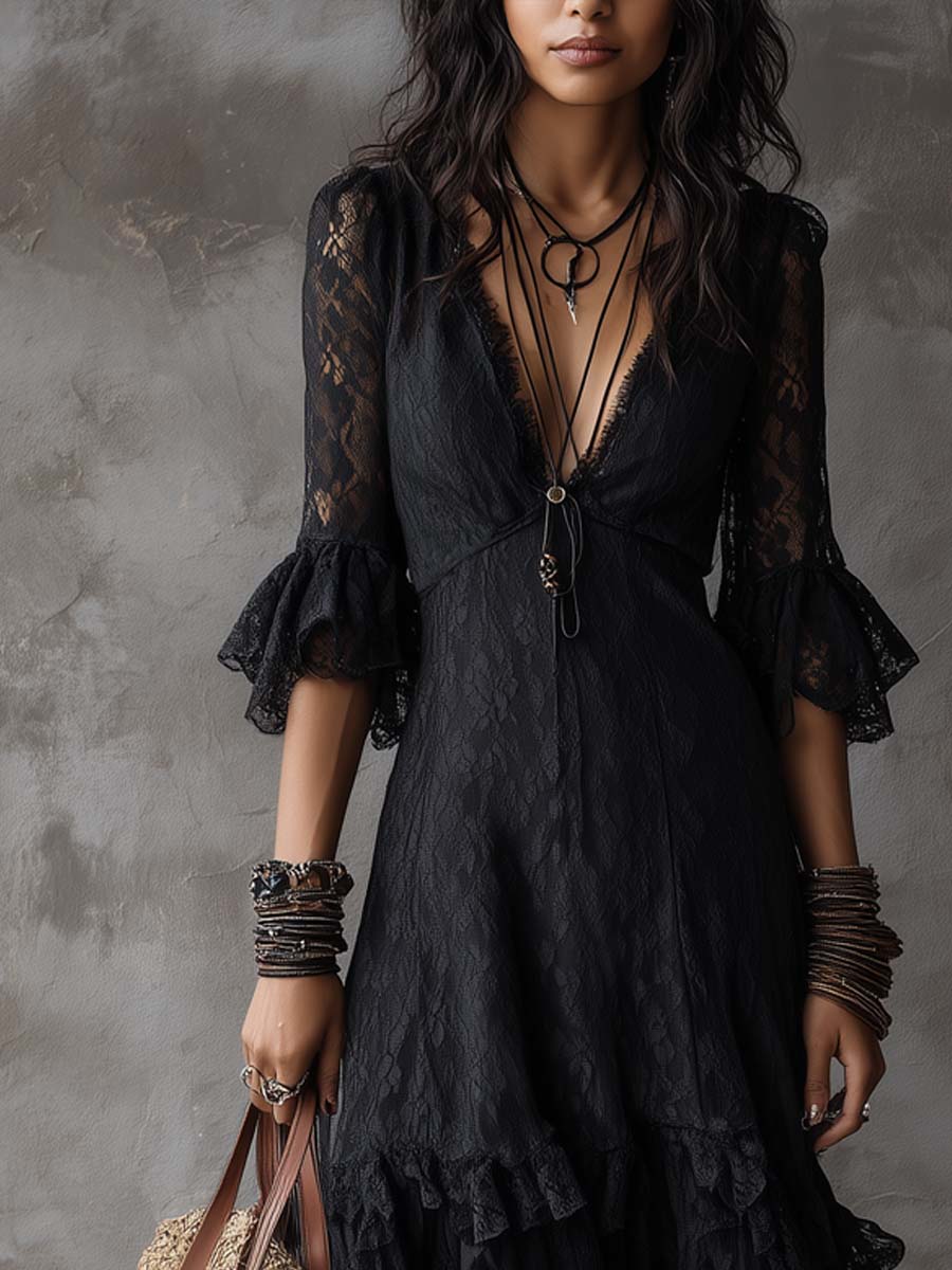 Retro V-neck Ruffle Cuffs Lace Midi Dress